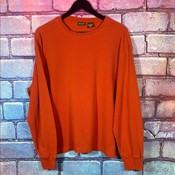 Eddie Bauer Men’s Large Thermal Shirt Orange Waffle Knit Long Sleeve Crewneck - Picture 1 of 10